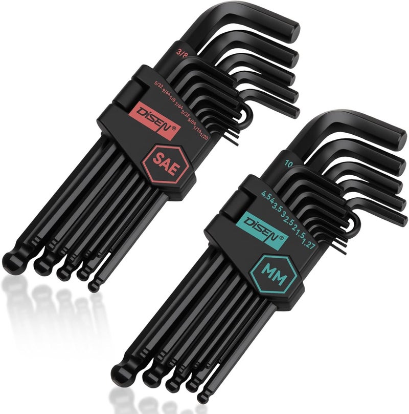 DISEN 26 Pieces Metric & SAE Size Hex Key Allen Wrench Set with Ball End, 1.27-10 MM & 1/20-3/8 Inch, Long Arm Ball Design, Chrome Vanadium Steel - Image 1